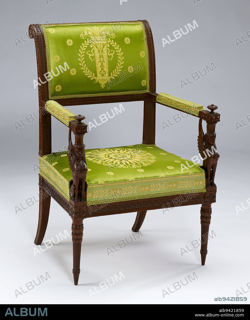 Armchair, c. 1796, Charles Percier; Designer: Pierre François Léonard Fontaine; Maker: Georges Jacob, French, 17391814, 37 3/8 x 24 1/4 x 23 1/2 in. (94.93 x 61.6 x 59.69 cm), Mahogany (modern upholstery), France, 18th-19th century, This chair came from a suite of furniture created for the royal Palace of Fontainebleau south of Paris. It is based on a pattern by the French architects and designers Charles Percier and Pierre François Léonard Fontaine, and executed by the master wood-carver and joiner Georges Jacob of Paris.