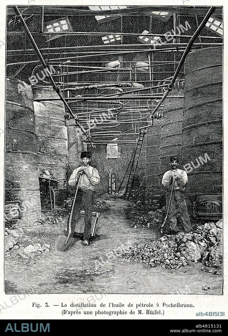 'La distillation de l'huile de petrole a Pechelbronn'. Illustration tiree de la revue La Nature du 15 fevrier 1890. Credit : Collection KHARBINE-TAPABOR.