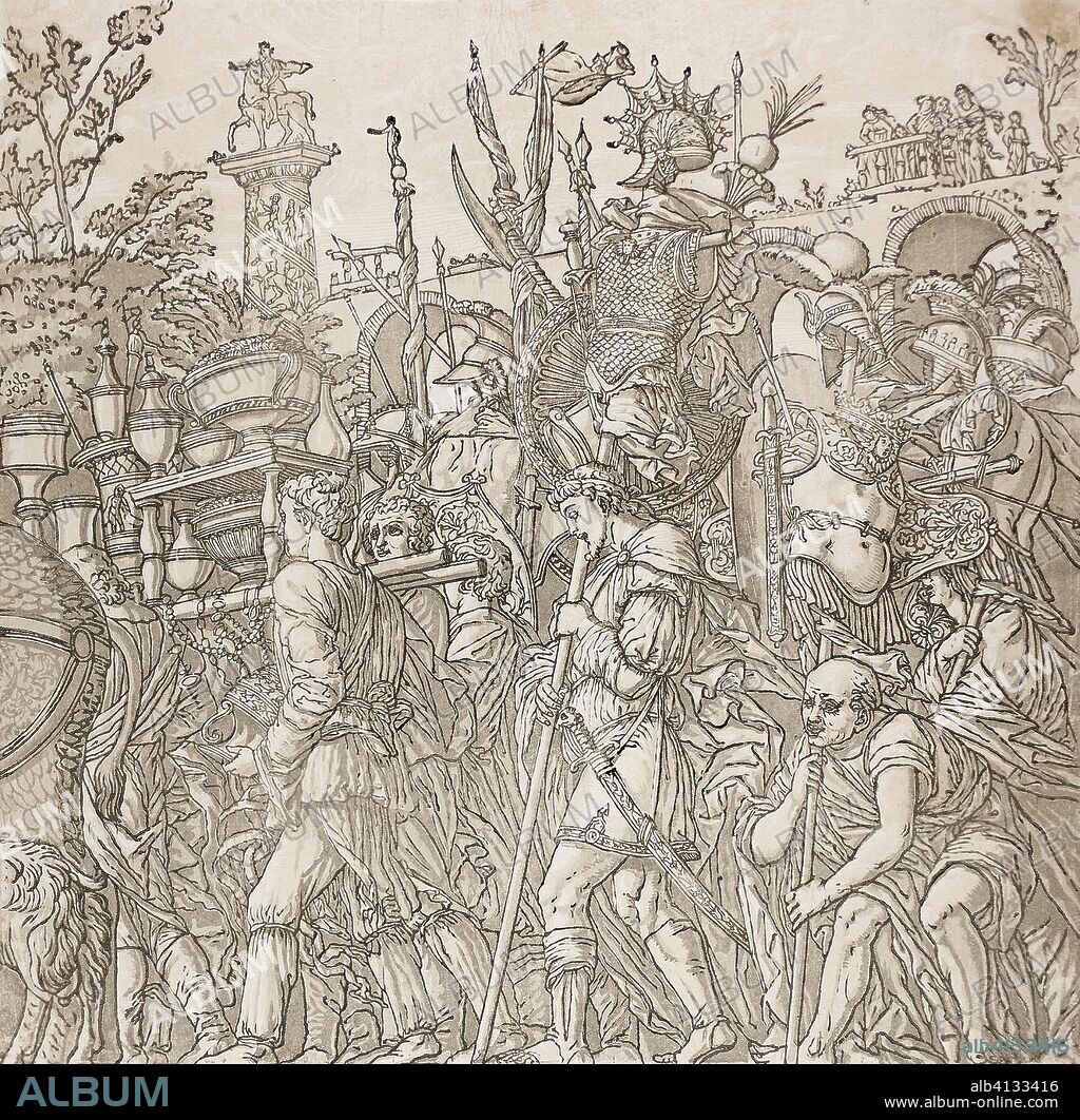 Triumph of Caesar. Andrea Andreani (Italian, 1558/59-1629); after Andrea Mantegna (Italian, 1431-1506). Date: 1599. Dimensions: 381 x 374 mm. Chiaroscuro woodcut from four blocks in black and light, medium and dark greenish gray on off-white laid paper. Origin: Italy.
