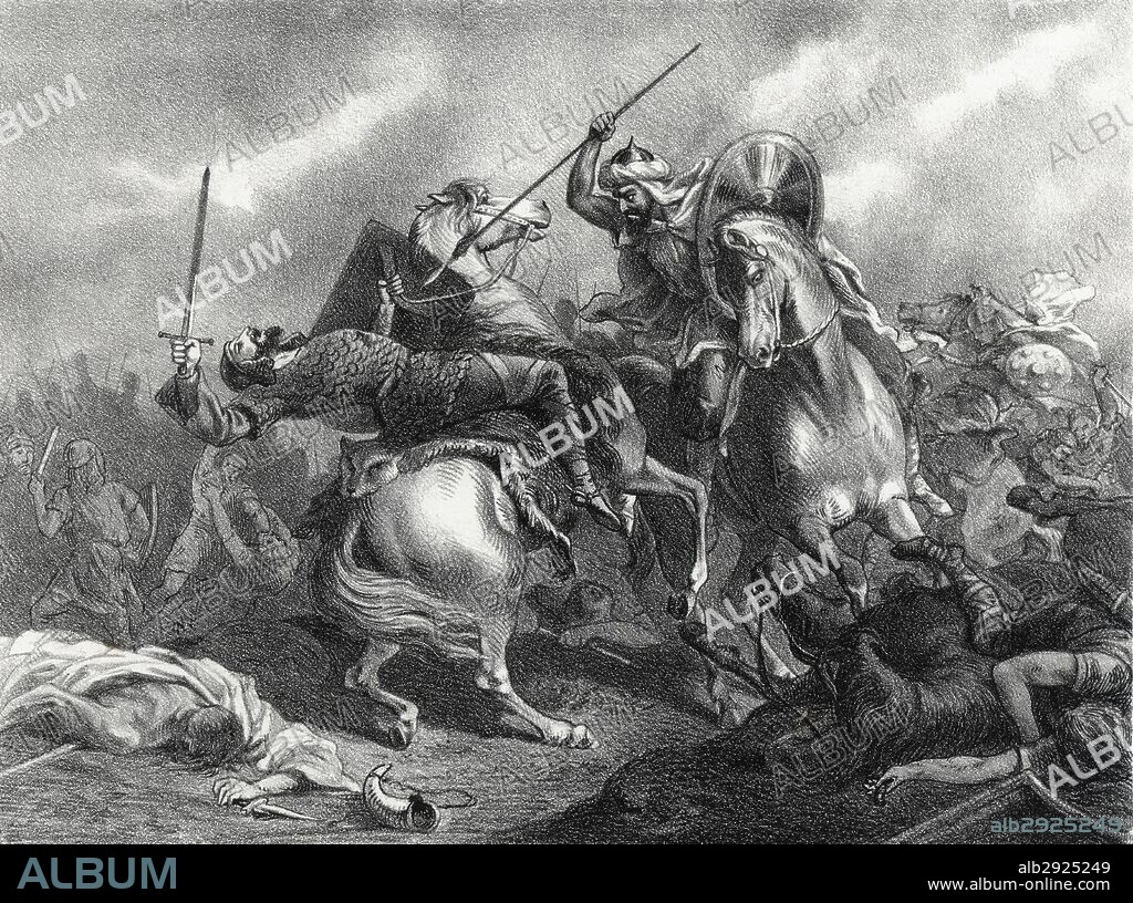 Historia. Muerte del rey Don Rodrigo (?-711) en la batalla de Guadalete a manos del ejército árabe del Califato Omeya comandado por Tariq Ibn Ziyad. Grabado de 1871.