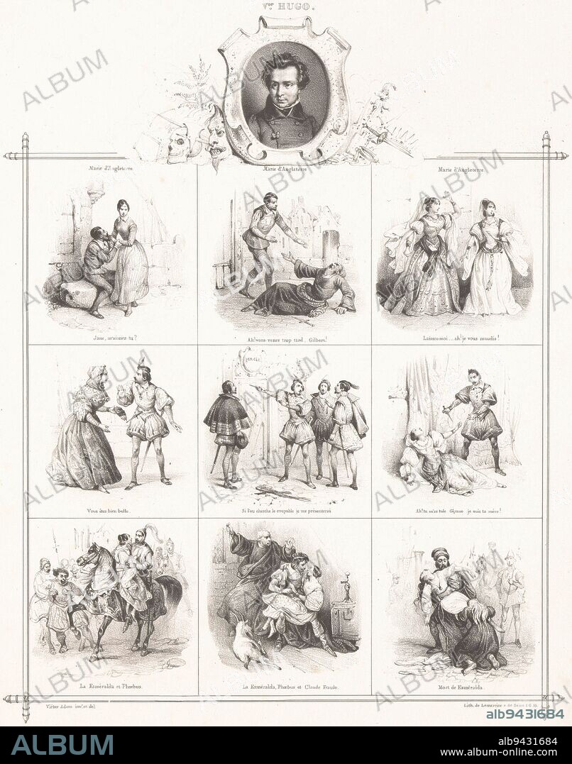 Portrait of Victor Hugo and nine representations from his works 'Marie Tudor' and 'Notre-Dame de Paris' V.or Hugo Portraits of writers Portraits d', print maker: Victor Adam, (mentioned on object), Victor Adam, (mentioned on object), printer: Joseph Rose Lemercier, (mentioned on object), print maker: Paris, Paris, printer: Paris, publisher: Paris, publisher: London, 1834, paper, h 349 mm × w 268 mm.