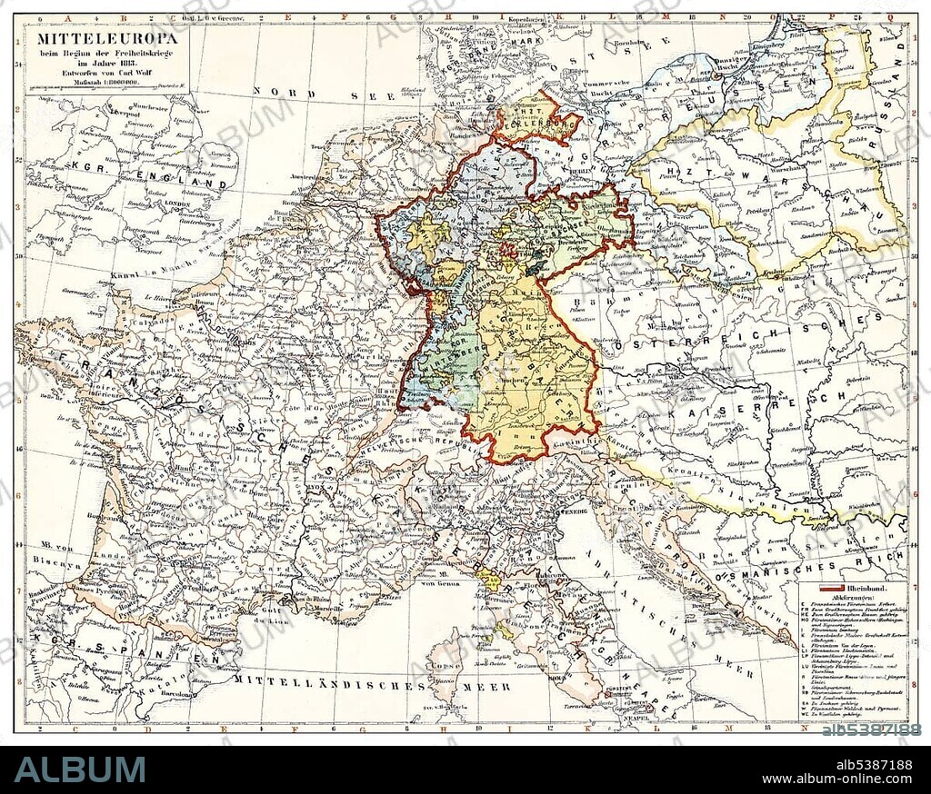 Historical map of Germany and Central Europe at the beginning of the revolutionary battles, 1813, 19th Century, from Meyers Konversations-Lexikon encyclopaedia, 1890