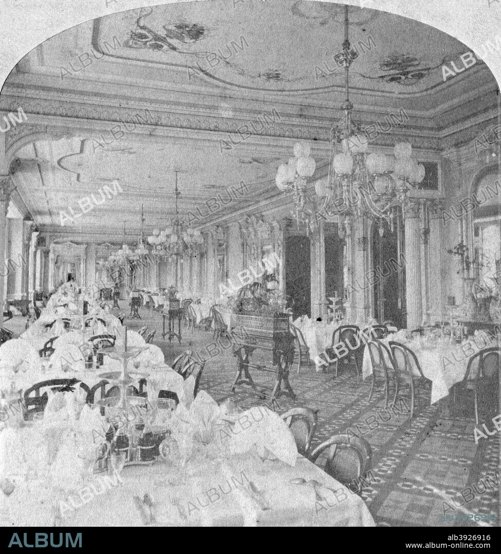 Dining room, Baldwin Hotel, San Francisco, USA, late 19th century. Built in 1878, the hotel was destroyed by a fire in 1898. Stereoscopic card. Detail.