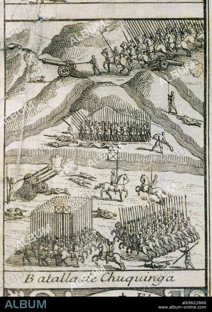 Conquest of Peru. 5th Civil War, 'Battle of Chuquinga (Pucara)', confrontation between Alonso de Alvarado, mayor of La Paz, and the rebel Francisco Hernandez Giron, engraving from 1726.