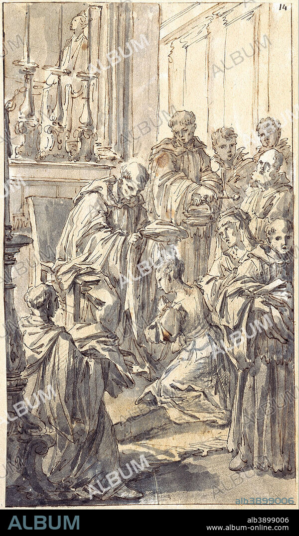 PIER LEONE GHEZZI. The Consecration of Saint Juliana Falconieri. Date/Period: 1727. Pen and brown ink, grey wash, heightened with traces of white body-colour, traces of black chalk. Feder in Braun, grau laviert, Spuren von Deckweißhöhung, Spuren schwarzer Kreide. Height: 299 mm (11.77 in); Width: 172 mm (6.77 in).
