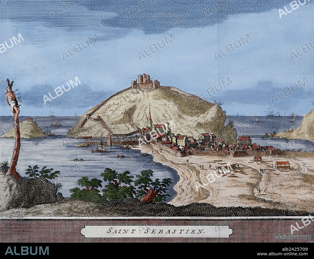 Spain. San Sebastian or Donostia. Santa Clara Island. Map. French engraving. Late 16th century - 17th century. Engraving. Colored.