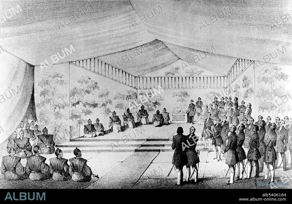 The letter from the President of the United States, Millard Fillmore, was delivered to the Mikado's Commissioners by Commodore Perry, July 14, 1853. Matthew Calbraith Perry (April 10, 1794 - March 4, 1858) was a Commodore of the US Navy who commanded ships in several wars, including the War of 1812 and the Mexican-American War (1846–1848). He played a leading role in the opening of Japan to the West with the Convention of Kanagawa in 1854. Lithograph by T. Sinclair (cropped and cleaned).