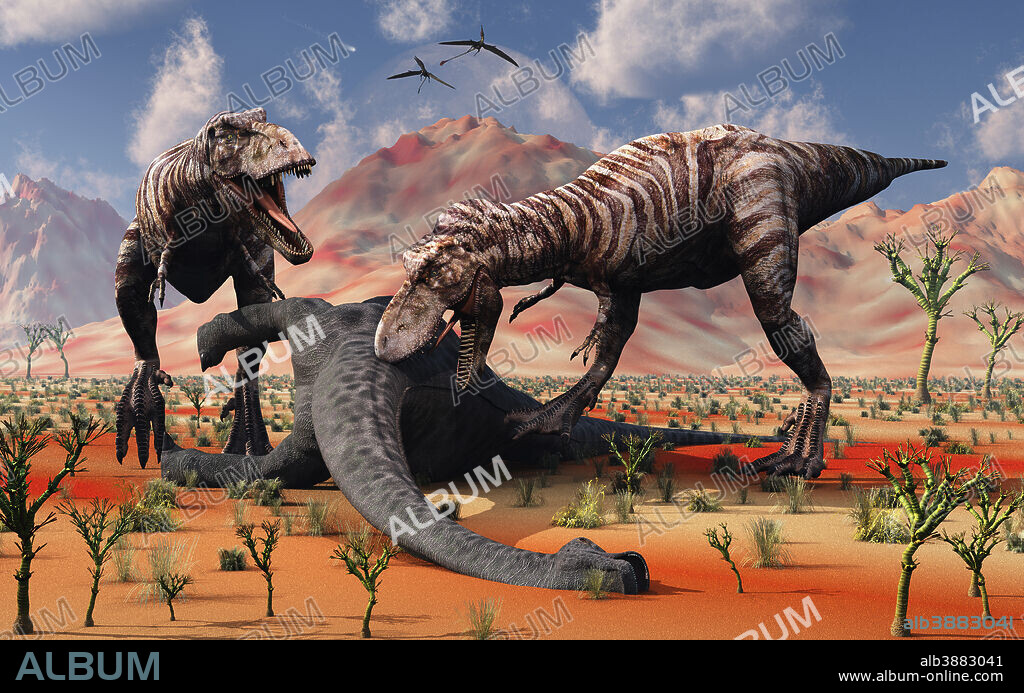 A pair of juvenile T. Rex dinosaurs from the same family, feeding on the remains of a dead sauropod dinosaur.