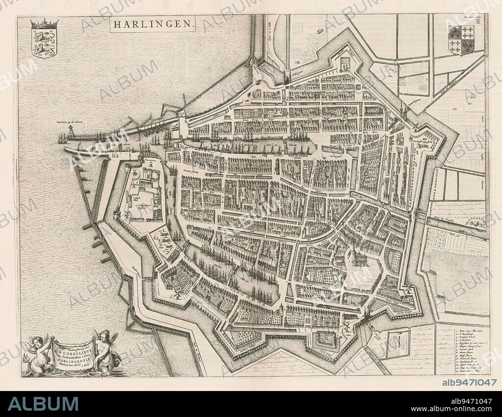 Map of Harlingen, Harlingen (title on object), Map in bird's eye view. Top left the coat of arms of Friesland, bottom left cartouche with dedication. Top right the Harlingen coat of arms, bottom right legend. On verso Latin text., print maker: anonymous, publisher: Johannes Willemszoon Blaeu, Johannes Willemszoon Blaeu, (mentioned on object), publisher: Amsterdam, Amsterdam, Harlingen, 1652, paper, engraving, etching, letterpress printing, height 390 mm × width 507 mm.