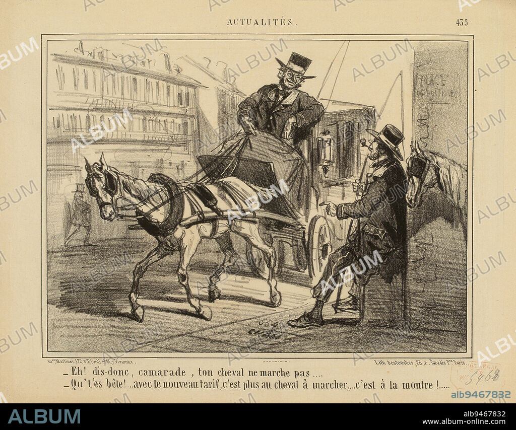 - Hey! tell me, comrade, your horse is not walking... [...]. / 435, Cham (Amédée Charles de Noé, known as), Draftsman-lithographer, Destouches, Pierre Louis Hippolyte, Printer-lithographer, Martinet (printer-bookseller), Publisher, Array, Print, Graphic arts, Print, Lithography, Dimensions - Work: Height: 27.3 cm, Width: 38.3 cm.