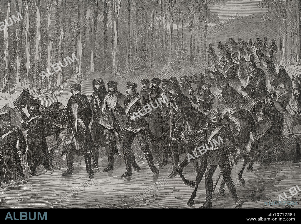 Guerra Franco-Prusiana (1870-1871). Caballería alemana marchando hacia París. Grabado. "Historia de la Guerra de Francia y Prusia". Tomo II. Publicado en Barcelona, 1871.