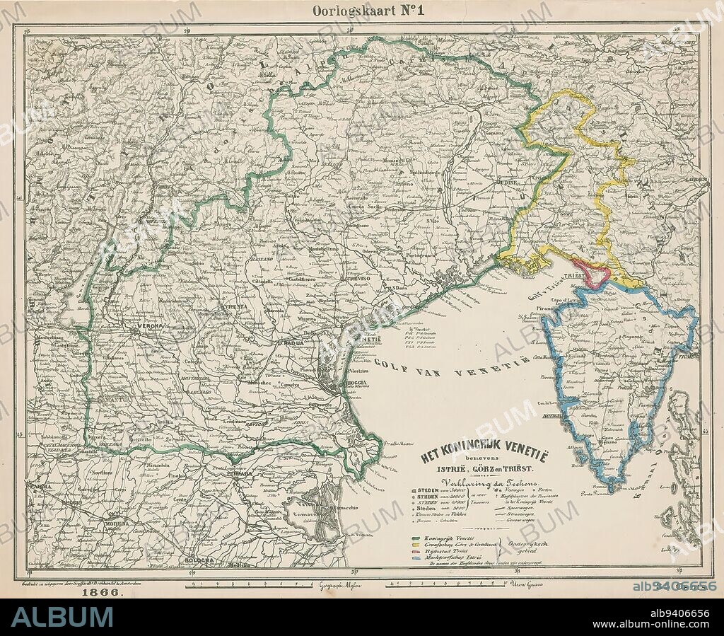 Map of the Kingdom of Lombardy-Venice, The Kingdom of Venice besides Istria, Görz and Trieste (title on object), print maker: anonymous, printer: Seyffardts Boekhandel, (mentioned on object), publisher: Seyffardts Boekhandel, (mentioned on object), Amsterdam, 1866, paper, height 340 mm × width 432 mm.