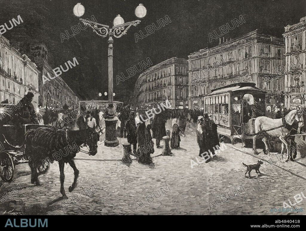 ARTURO CARRETERO (CA. 1852-1903). SPANISH ENGRAVER. JOSE LUIS PELLICER Y FENYE (1842-1901). SPANISH ARTIST.. Madrid, España. La Puerta del Sol iluminada con la luz eléctrica. Para celebrar la boda del rey Alfonso XII con María de las Mercedes, el 23 de enero de 1878 se inauguraron las primeras luces eléctricas de la ciudad. Faroles con arcos voltaicos iluminaban la calle a la vez que todavía se mantenía el alumbrado por gas. Dibujo del natural por Pellicer. Grabado por Arturo Carretero (1852-1903). La Ilustración Española y Americana, 1878.