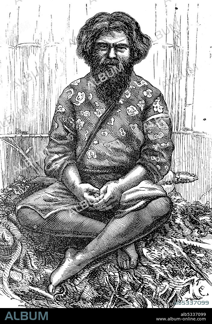 Man from the Ainu tribe, Aynu, indigenous people of northern Japan and parts of Russia, Sakhalin, Kuril Islands, 1880  /  Mann vom Stamm der Ainu, Aynu, Ureinwohner des nördlichen Japans und Teilen Russlands, Sachalin, Kurilen, 1880, Historisch, historical, digital improved reproduction of an original from the 19th century / digitale Reproduktion einer Originalvorlage aus dem 19. Jahrhundert,.