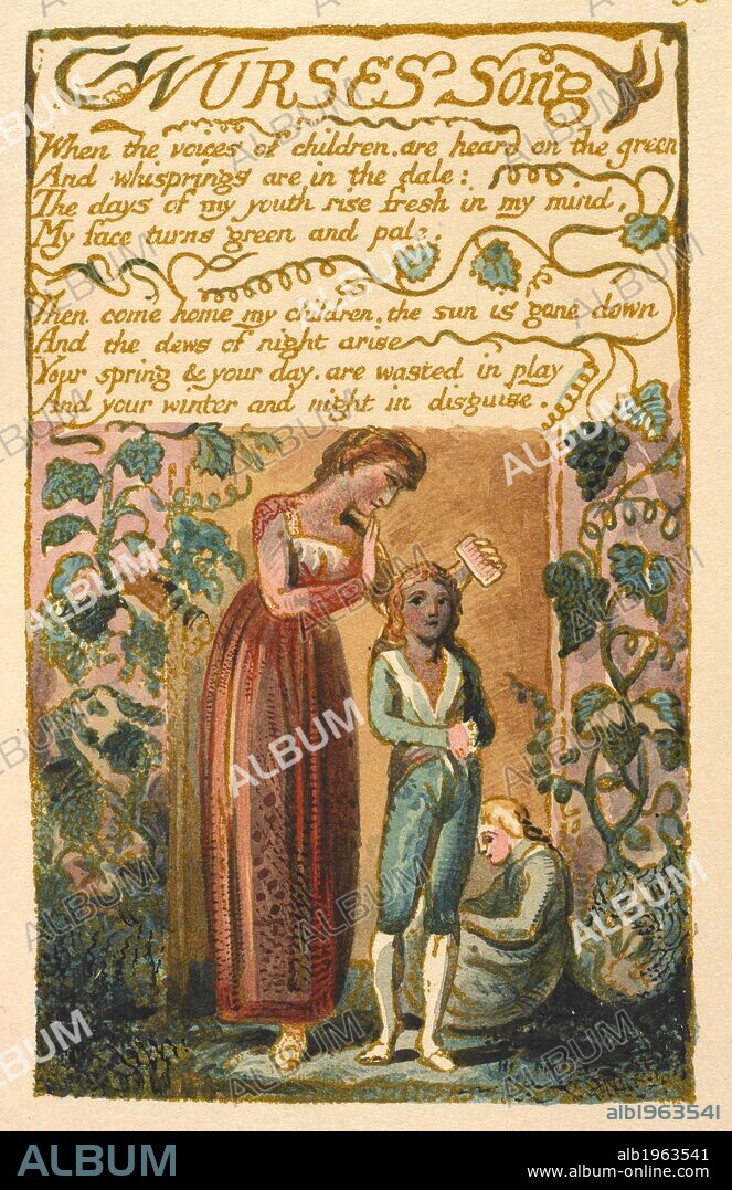 WILLIAM BLAKE. Nurses song. Songs of Innocence and of Experience. H. Young & Sons: Liverpool, 1923. Nurses song. Illustrated poem  Image taken from 'Songs of Innocence and of Experience. [A facsimile of a coloured and gilded copy of the first edition.].'  Published by H. Young & Sons: Liverpool, 1923 . Source: C.71.d.19, page 38. Language: English.