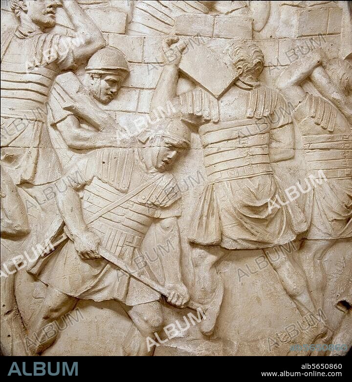 Roman, 113 AD. Roman legionaries building a road and a fortress. Detail from the relief band with scenes from Trajan's Dacian Wars, 2nd war, 5th campaign 106 AD. Plaster cast, 1861, of marble original from Trajan's Column in Trajan's Forum in Rome. Height 90-125cm. No. 3125. Rome, Museo della Civiltà Romana.