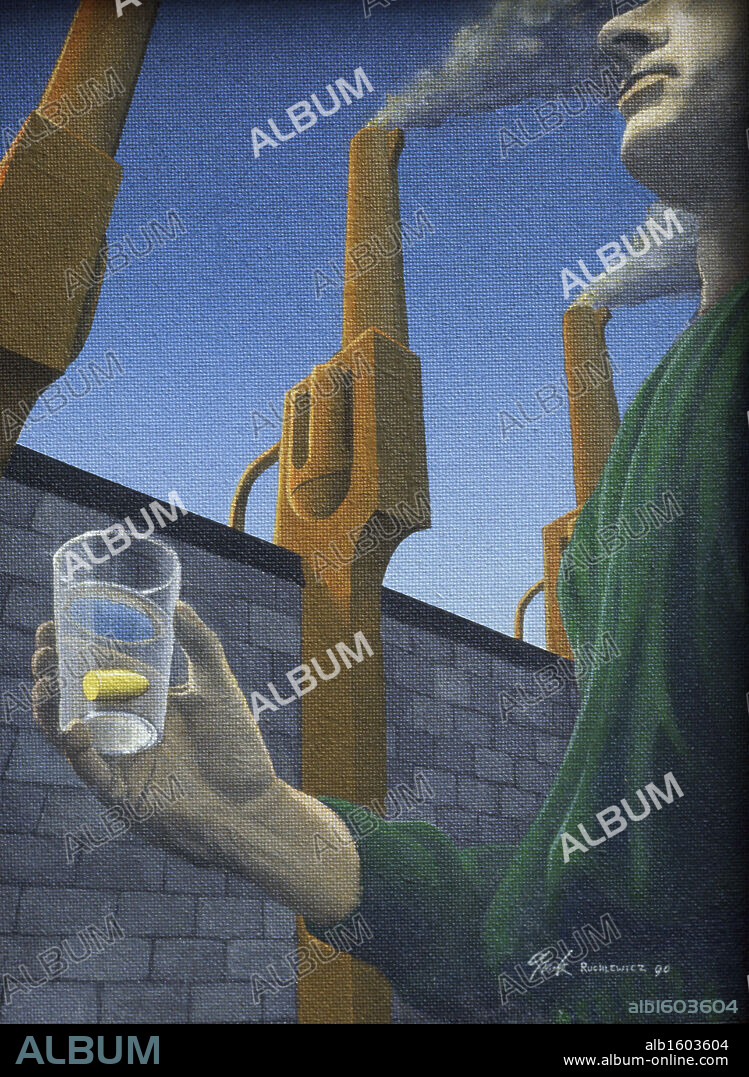 Low angle view of a man holding a glass with smoke emitting from handgun shaped smoke stacks in the background.