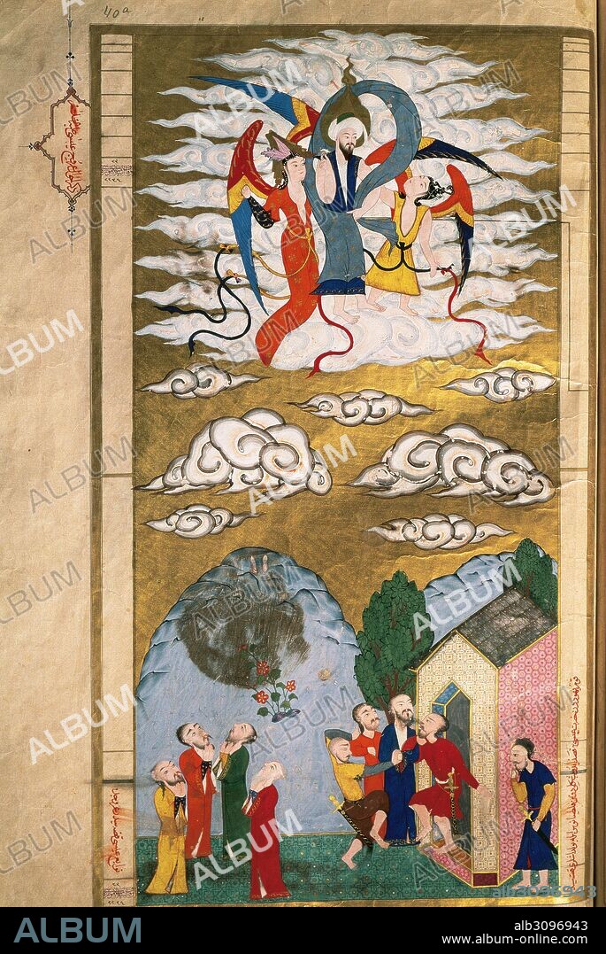El Profeta Mahoma en el paraíso con hermosas mujeres. En la parte inferior, Mahoma presentado al monje Abd al Muttalib y a los habitantes de La Meca. Miniatura de un manuscrito persa. Museo de Topkapi. Biblioteca. Estambul. Turquía.