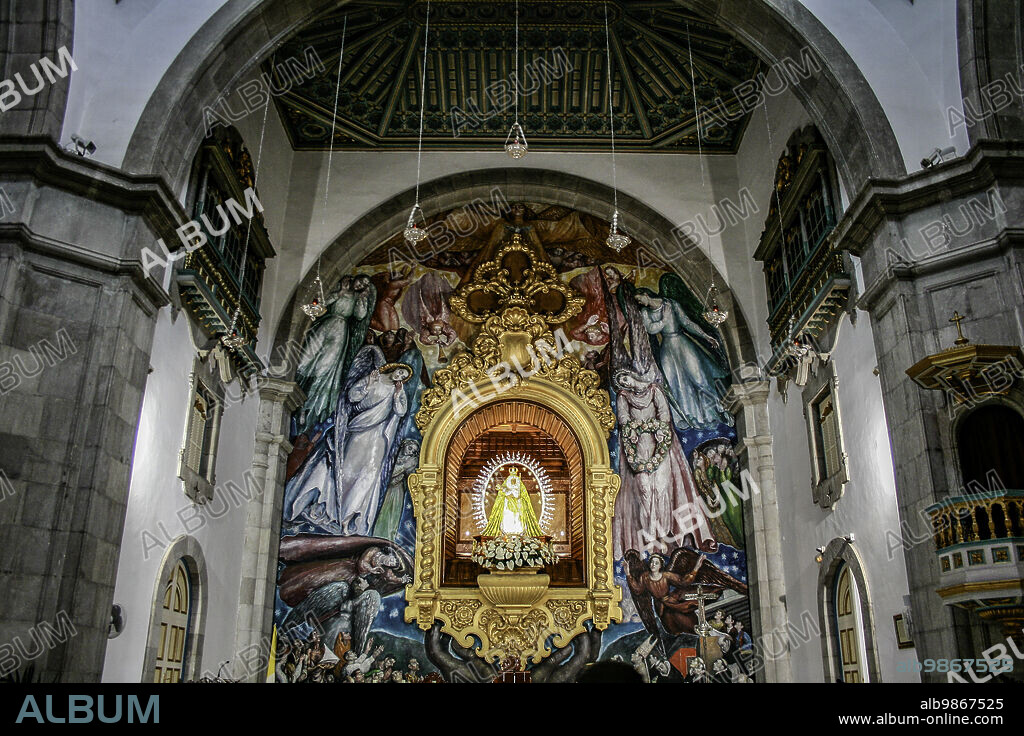 Candelaria, Tenerife, Comunidad Autonoma des Canarias, Spain. Basilica of the Royal Marian Shrine of Our Lady of Candelaria (Spanish: Basílica y Real Santuario Mariano de Nuestra Señora de la Candelaria or simply Basílica de la Candelaria). The basilica is dedicated to the Virgin of Candelaria (Patron of the Canary Islands), internal, mai altar with frescos.