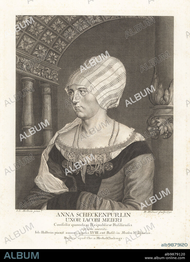 Portrait of Dorothea Meyer, nee Kannengiesser, second wife of Jakob Meyer, burgermeister of Basel. In check and striped headscarf, pearl necklaces, embroidered and laced bodice. Mistakenly labeled with the name of his first wife, Anna Scheckenpurlin, Uxor Iacobi Meieri. Copperplate engraving by Bartholomaus Hubner after a portrait by Hans Holbein in Christian von Mechel's Oeuvre de Jean Holbein, Chez Guillaume Haas, Basel, 1790.