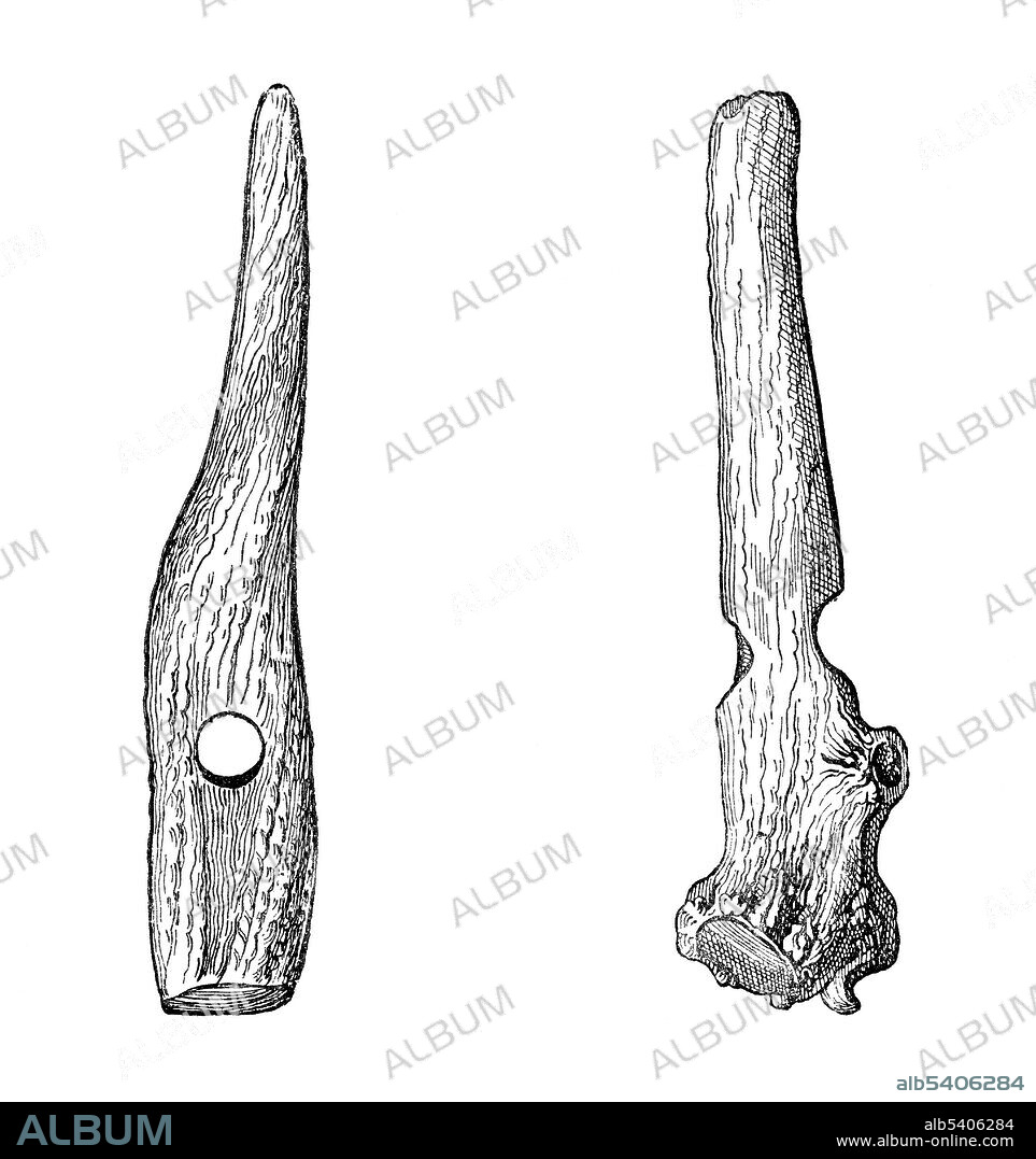 Gardening tools made from staghorn from Boucher de Perthes' illustration. Jacques Boucher de Crèvecoeur de Perthes (September 10, 1788 - August 5, 1868) was a French archeologist and antiquary notable for his discovery, in about 1830, of flint tools in the gravels of the Somme valley. Today the hand axes of the Somme River district are widely accepted to be at least 500,000 years old and thus the product of Neanderthal populations, while some authorities think they may be as old as one million years and therefore associated with Homo erectus. Image taken from Primitive Man by Louis Figuier, 1870 (cropped and cleaned).