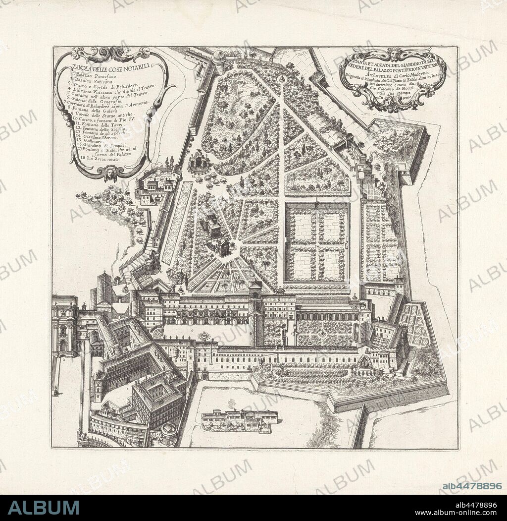 Map of the Vatican Belvedere gardens Pianta and alzata del giardino di Belvedere del Palazzo Pontificioin Vaticano (title on object) Gardens in Rome (series title) Li giardini di Roma / con le loro piante alzate / e vedute in prospettiva (series title), Map of the Vatican Belvedere gardens. Top left a cartouche with an explanatory list of numbers. Top right a cartouche with title and text, garden, plan, map of garden, Vatican City, Giovanni Battista Falda (mentioned on object), 1683, paper, etching, h 301 mm × w 305 mm.
