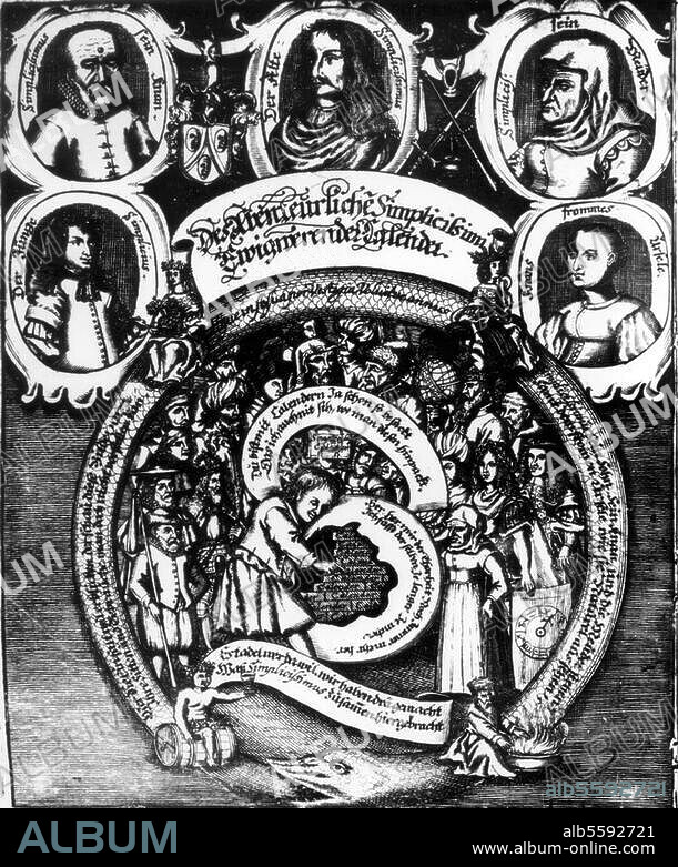 Grimmelshausen, Hans Jakob Christoph von Erzähler; 1621-1676. Werke: Des Abenteuerlichen Simplicissimi ewigwerender Calender (1670). Titelblatt der Erstausgabe Nürnberg (Felßecker) 1670. (Mit der Simplicianischen Familie: Vater, Pflegeeltern, Simpicissiumus und Ursula).