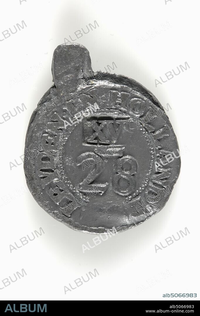 boring lead, Anonymous, minted, General: 3.8 x 3 x 0.3cm (38 x 30 x 3mm), Diameter: 3cm (30mm), city coat of arms, Saing lead with the coat of arms of Leiden under a crown on the front. The circular reads: LEYDEN IN HOLLANDT. On the back is the inscription: 1 1/8 B. Below it is written: DKETE1 / 5 SAY. Below that: 40 1/4. At the very bottom it says: XVc. A number is printed in the lead: 1589, 1904.
