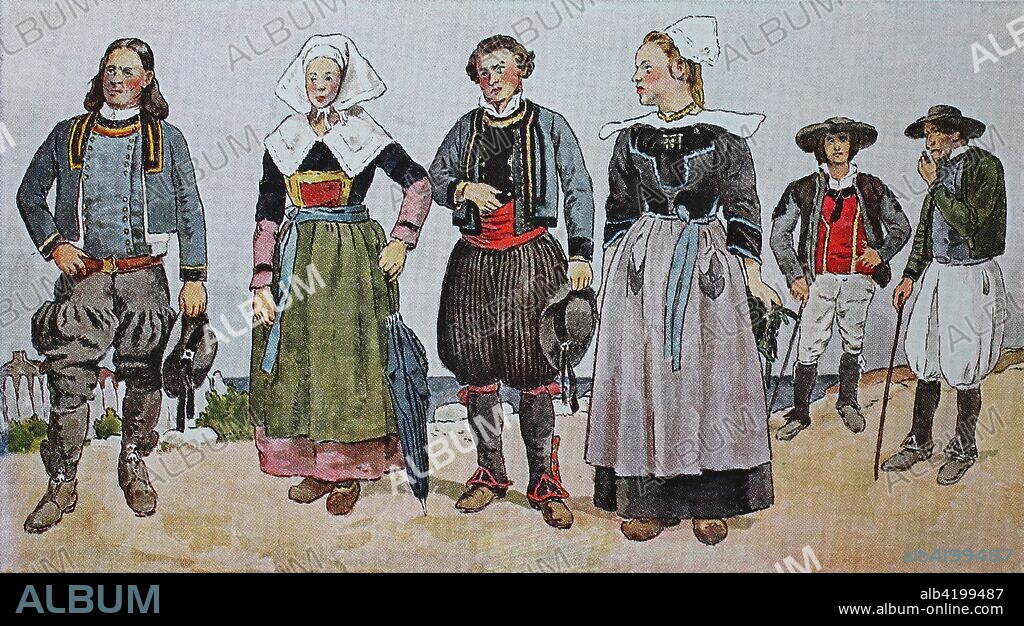 Fashion, clothing in France at the beginning of the 19th century, department of Finistere, from left, a farmer from Quimper, a peasant woman from Carhaix, a farmer from Ploare and a girl from Morbihan and two cattle dealers from Langolan, digital improved reproduction from an original from the year 1900.