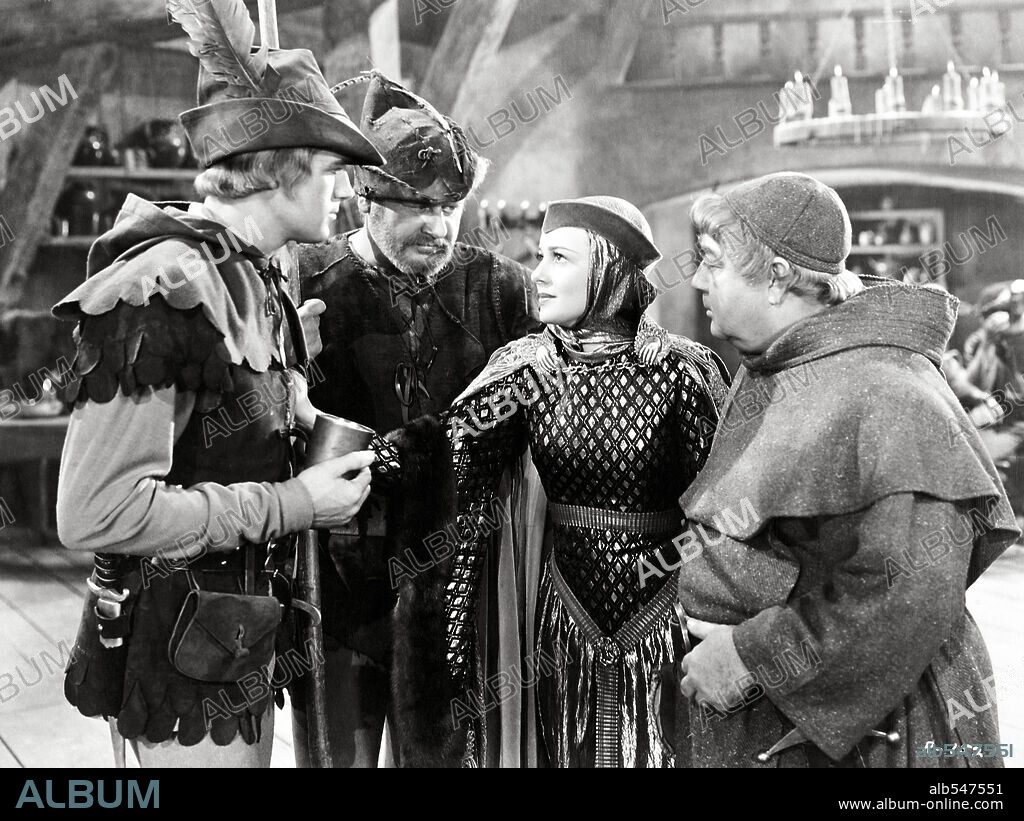 ALAN HALE, EUGENE PALLETTE and OLIVIA DE HAVILLAND in THE ADVENTURES OF ROBIN HOOD, 1938, directed by MICHAEL CURTIZ and WILLIAM KEIGHLEY. Copyright WARNER BROTHERS.
