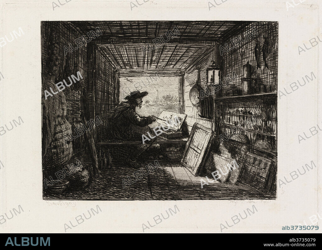 CHARLES FRANCOIS DAUBIGNY. Studio on the Boat (Le Bateau-atelier). Dated: 1862. Dimensions: plate: 12.9 x 17.9 cm (5 1/16 x 7 1/16 in.)  sheet: 31.6 x 44.8 cm (12 7/16 x 17 5/8 in.). Medium: etching.