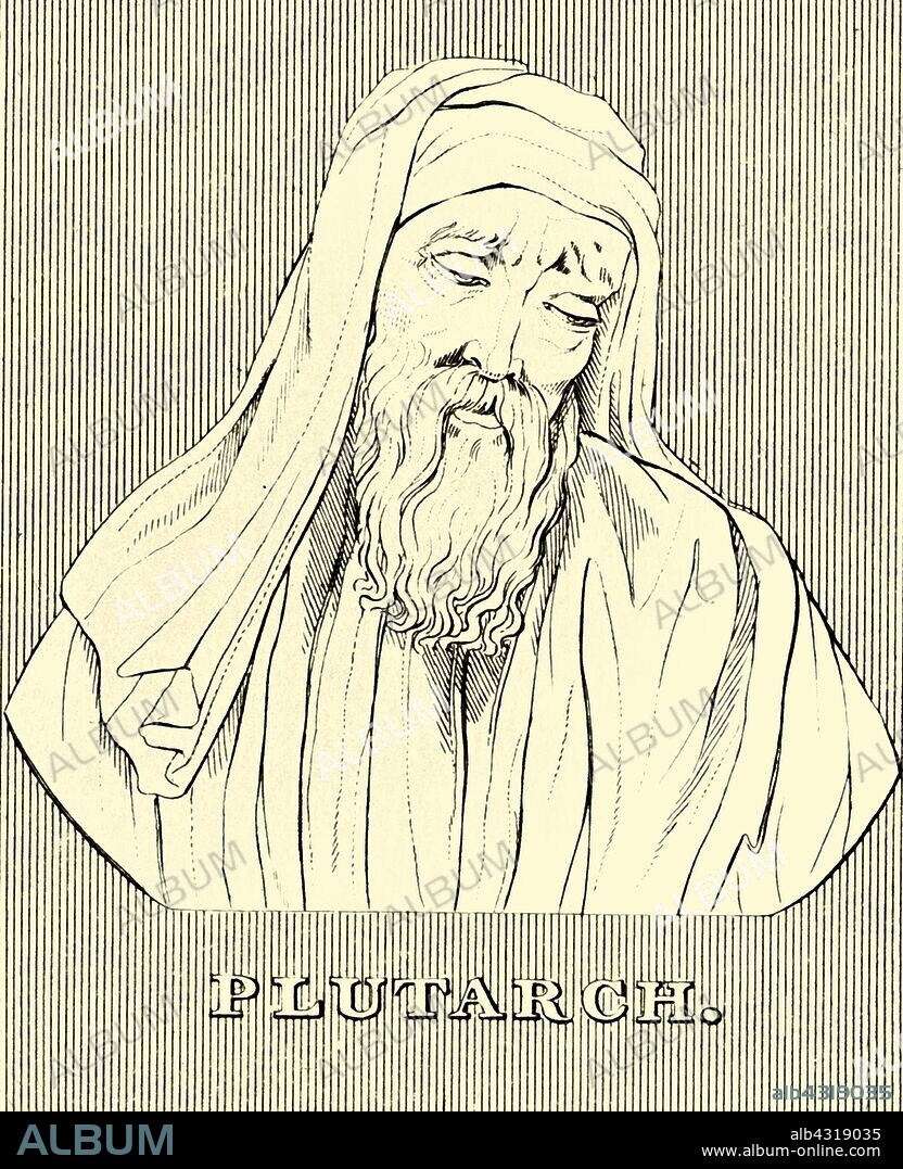 'Plutarch', (c.AD46- c120), 1830. Plutarch (c.AD46- c120) Greek biographer and essayist known primarily for his work 'Parallel Lives'. He worked as a magistrate, an ambassador and priest of the Delphic temple. From "Biographical Illustrations", by Alfred Howard. [Thomas Tegg, R. Griffin and Co., J. Cumming, London, Glasgow and Dublin, 1830].