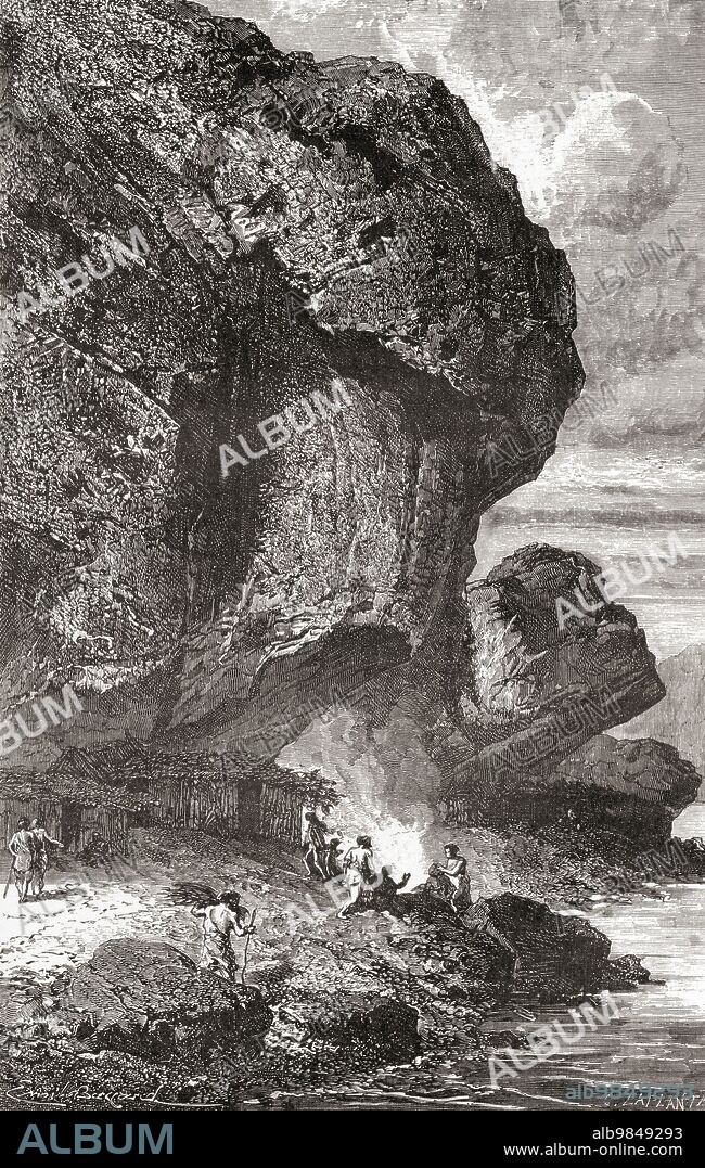 Neanderthal man under the rock shelter of the Bruniquel Cave, France in prehistoric times. From L'Homme Primitif, published 1870.