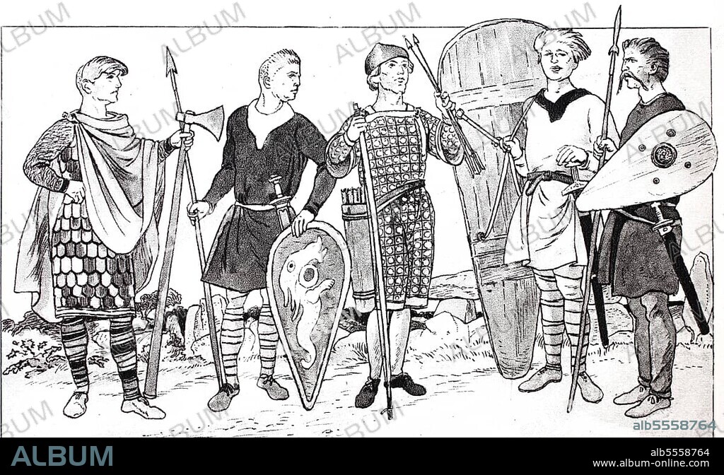 Kleidung, Mode der Normannen und Angelsachsen des 11. bis 14. Jahrhunderts, die Krieger, von links, normannischer Krieger mit Streitaxt und Schuppenpanzer, ein leicht bewaffneter Normanne im kurzen Mantel mit Gürtel, ein angelsächsischer Bogenschütze, ein Normanne mit großem Holzschild und ein leicht bewaffneter Angelsachse mit Schnurrbart und langen Hosen, digital verbesserte Reproduktion einer Illustration aus dem 19. Jahrhundert.