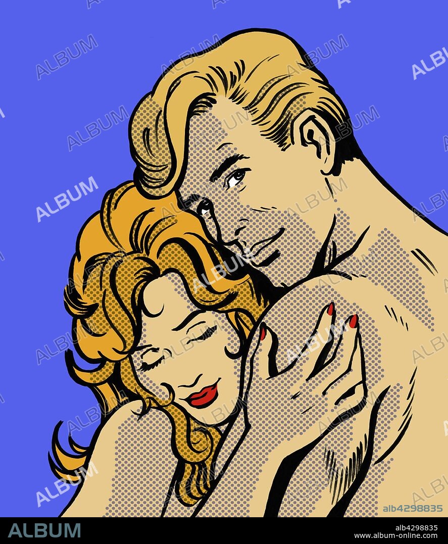 Close up cartoon of nude couple hugging.