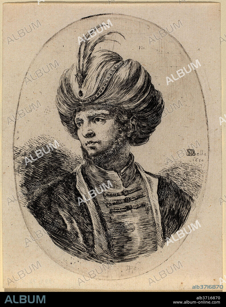 STEFANO DELLA BELLA. Young Moor with a Slight Beard and Feathered Turban, Turned to the Left. Dated: 1650. Dimensions: plate (oval): 10 x 7.3 cm (3 15/16 x 2 7/8 in.)  sheet: 10.7 x 8.2 cm (4 3/16 x 3 1/4 in.). Medium: etching on laid paper.