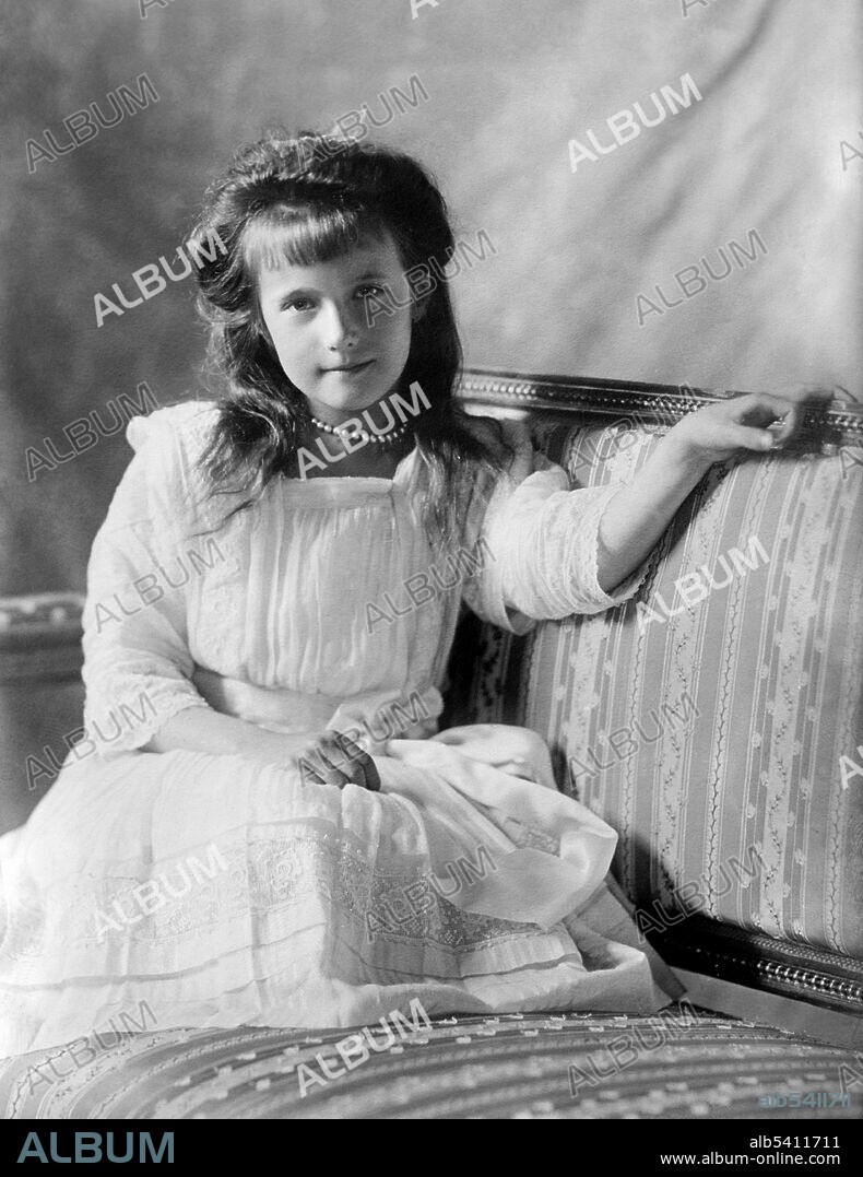 Portrait of the Grand Duchess Anastasia Nikolaevna Romanova of Russia (1901-1918) was the youngest daughter of Tsar Nicholas II, the last sovereign of Imperial Russia, and his wife, Tsarina Alexandra Feodorovna. Anastasia and her family were executed by their Bolshevik guards in 1918.