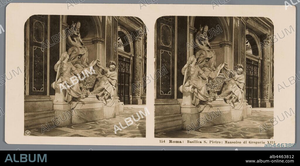 Tomb of Pope Gregory XIII in St. Peter's Basilica in Vatican City Roma: Basilica S. Pietro: Mausoleo di Gregorio XIII (title on object), grave, tomb, interior of church, Neue Photographische Gesellschaft (mentioned on object), Sint-Pietersbasiliek, c. 1900 - c. 1910, cardboard, photographic paper, gelatin silver print, h 88 mm × w 179 mm.