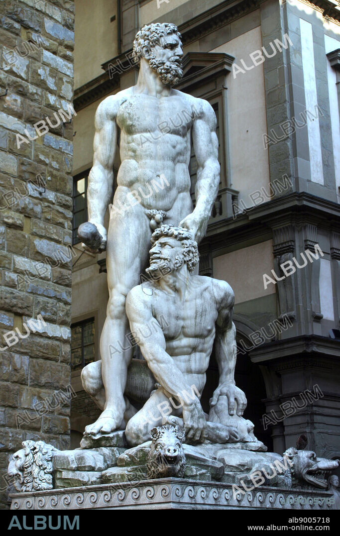 Hercules and Cacus', 1525-1534. White marble statue at entrance to Palazzo Vecchio, Piazza della Signoria, Florence, Italy. Baccio Bandinelli (1493-1560) Florentine artist. Sculpture Legend Greek Hero Monster Male Nude.