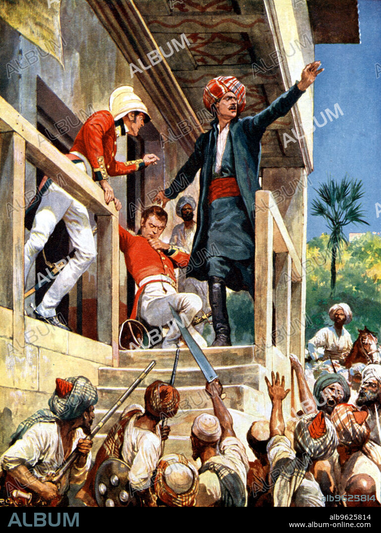 Alexander Burnes (1805-1841), centre, Scottish diplomat and traveller murdered by Afghans during the First Anglo-Afghan War, 1841. Political Resident at Kabul from 1839,  murdered by Afghans 2 November 1841, here facing the mob with his brother (left) and Lieut Broadbent.