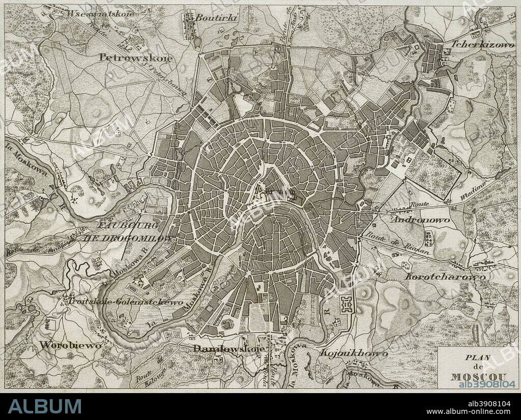 Napoleonic map. City of Moscow. Atlas de l'Histoire du Consulat et de l'Empire. History of the Consulate and the Empire of France under Napoleon by Marie Joseph Louis Adolphe Thiers (1797-1877). Drawings by Dufour, engravings by Dyonnet. Edited in Paris, 1864.