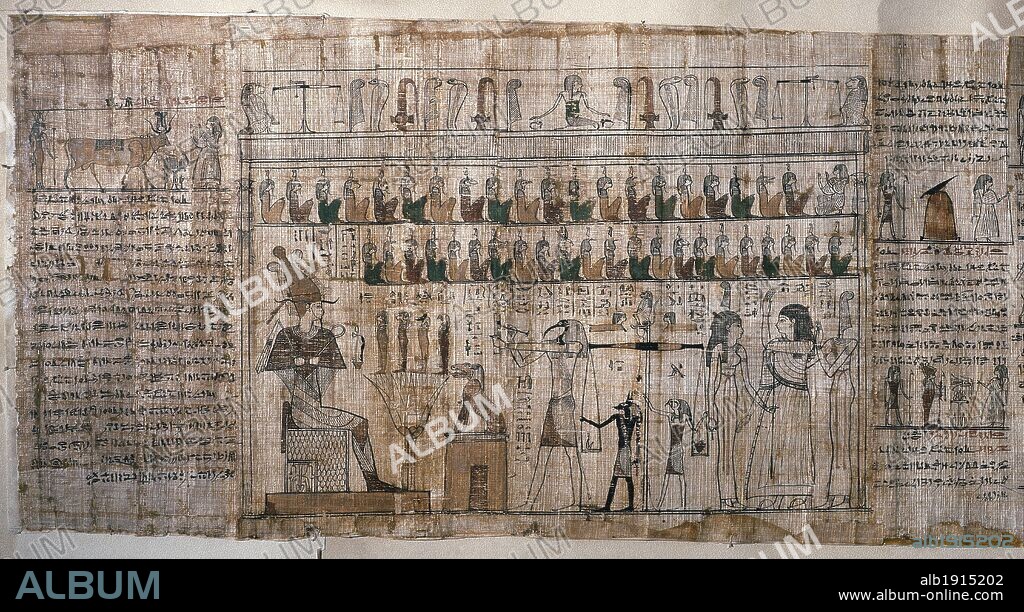 ARTE EGIPCIO. LIBRO DE LOS MUERTOS. Papiro donde se representa el "JUICIO DE LAS ALMAS ANTE EL DIOS OSIRIS". Tebas. Epoca Tolemaica (s. III-I a. C.). Museo Egipcio. Turín. Italia.