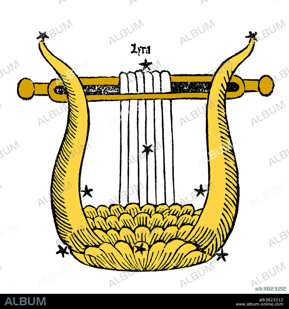 Colorization of a lyre representing constellation Lyra. Its principal star, Vega, a corner of the Summer Triangle, is one of the brightest stars in the sky. Lyra is one of the 48 constellations listed by the 2nd century astronomer Ptolemy, and is one of the 88 constellations recognized by the International Astronomical Union.