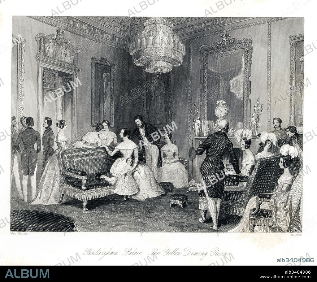 Intimate royal family soiree in the Yellow Drawing Room, Buckingham Palace. Queen Victoria and Prince Albert relaxing at home. Steel engraving by Henry Melville after an illustration by MacManus from London Interiors, Their Costumes and Ceremonies, Joshua Mead, London, 1841.