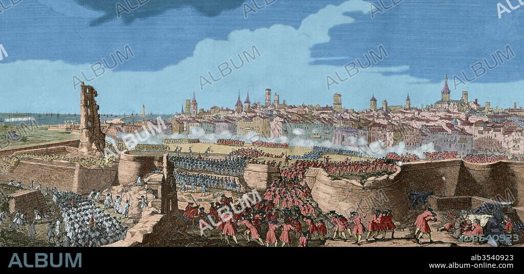 GUERRA DE SUCESION ESPAÑOLA (1702-1715). Enfrentamiento entre la Casa de Borbón y la Dinastía de los Austrias. "Entrada de las tropas del Rey Felipe V en Barcelona en el año 1714, abriendo brechas en la muralla de la ciudad a golpe de cañón y de minas, hasta rendir la plaza". Dibujo de P. Rigaud y grabado de M. Engelbrecht, 1722. Museo de Historia de la Ciudad de Barcelona. Coloreado.