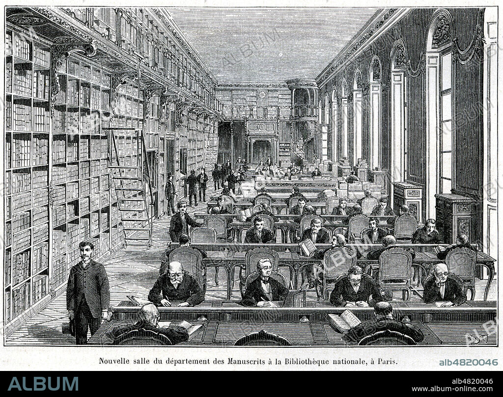 'Nouvelle salle du departement des manuscrits a la Bibliotheque nationale a Paris'. Illustration par Poyet (1846-1913) tiree de la revue La Nature du 25 fevrier 1888. Credit : Collection KHARBINE-TAPABOR.