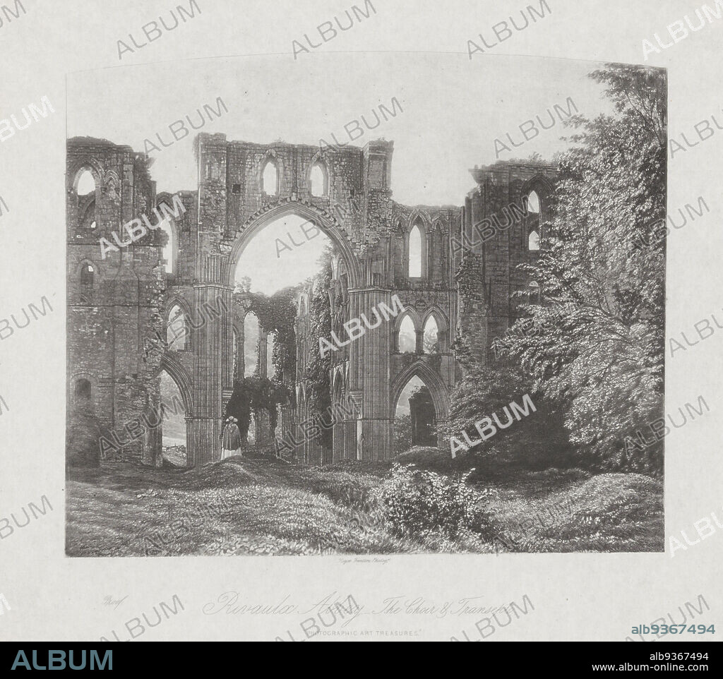 Ruins of Rievaulx Abbey in Yorkshire, Rivaulx Abbey, the Choir & Transept (title on object), Photographic Art Treasures (series title on object), Roger Fenton (mentioned on object), printer: Paul Pretsch (attributed to), Yorkshire, printer: Great Britain, publisher: Great Britain, Nov-1856 - Jul-1857, paper, height 187 mm × width 222 mmheight 248 mm × width 282 mm.
