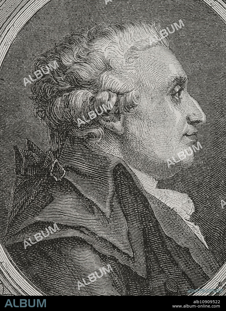 Nicolas de Condorcet (Marie-Jean-Antoine Nicolas de Caritat) (1743-1794). Marqués de Condorcet. Filósofo y matemático francés. Durante la Revolución Francesa se alineó con los girondinos. En 1791 fue elegido representante de París en la Asamblea Legislativa. Retrato. Grabado. "Historia de la Revolución Francesa". Tomo I, 1876.