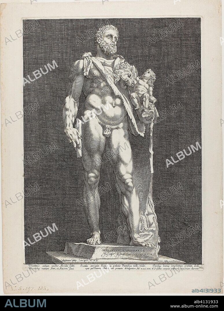 Hercules and Telephos, plate two from Three Famous Antique Sculptures. Hendrick Goltzius (Dutch, 1558-1617); text written by Theodorus Schrevelius. Date: 1587-1597. Dimensions: 404 x 292 mm (image); 416 x 300 mm (plate); 480 x 363 mm (sheet). Engraving on ivory laid paper. Origin: Netherlands.