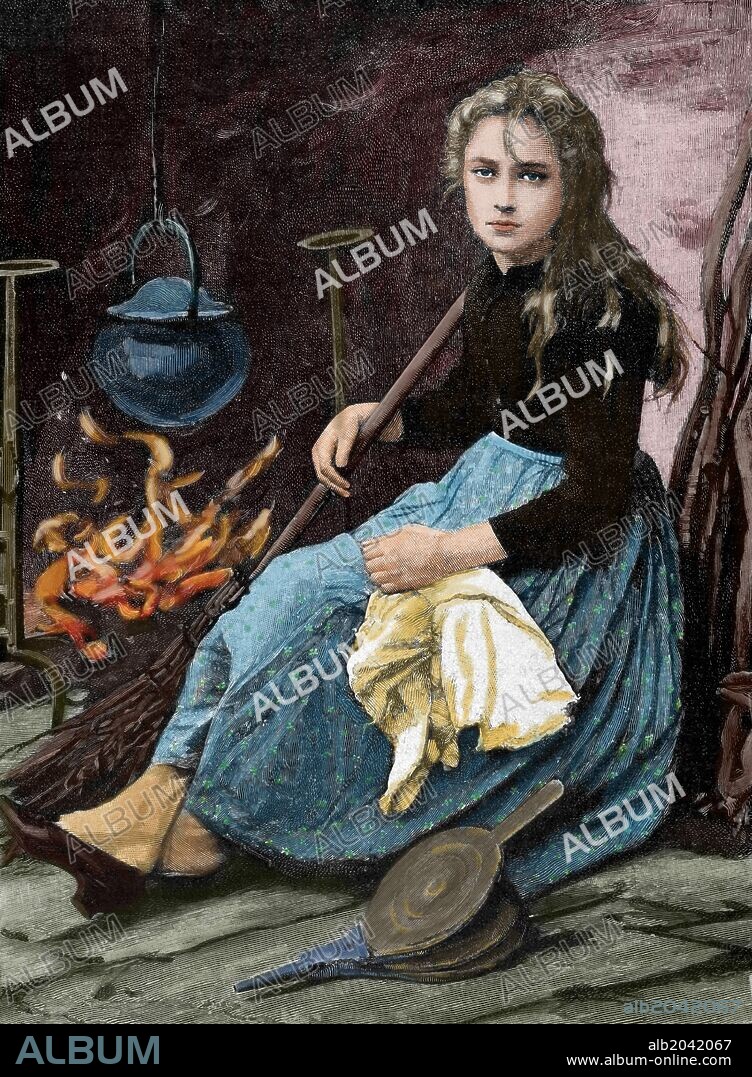 LA CENICIENTA, personaje de cuento de hadas del cual existen varias versiones. La más conocida en la escrita por Charles Perrault. Grabado coloreado de "La Ilustración Ibérica", año 1891.